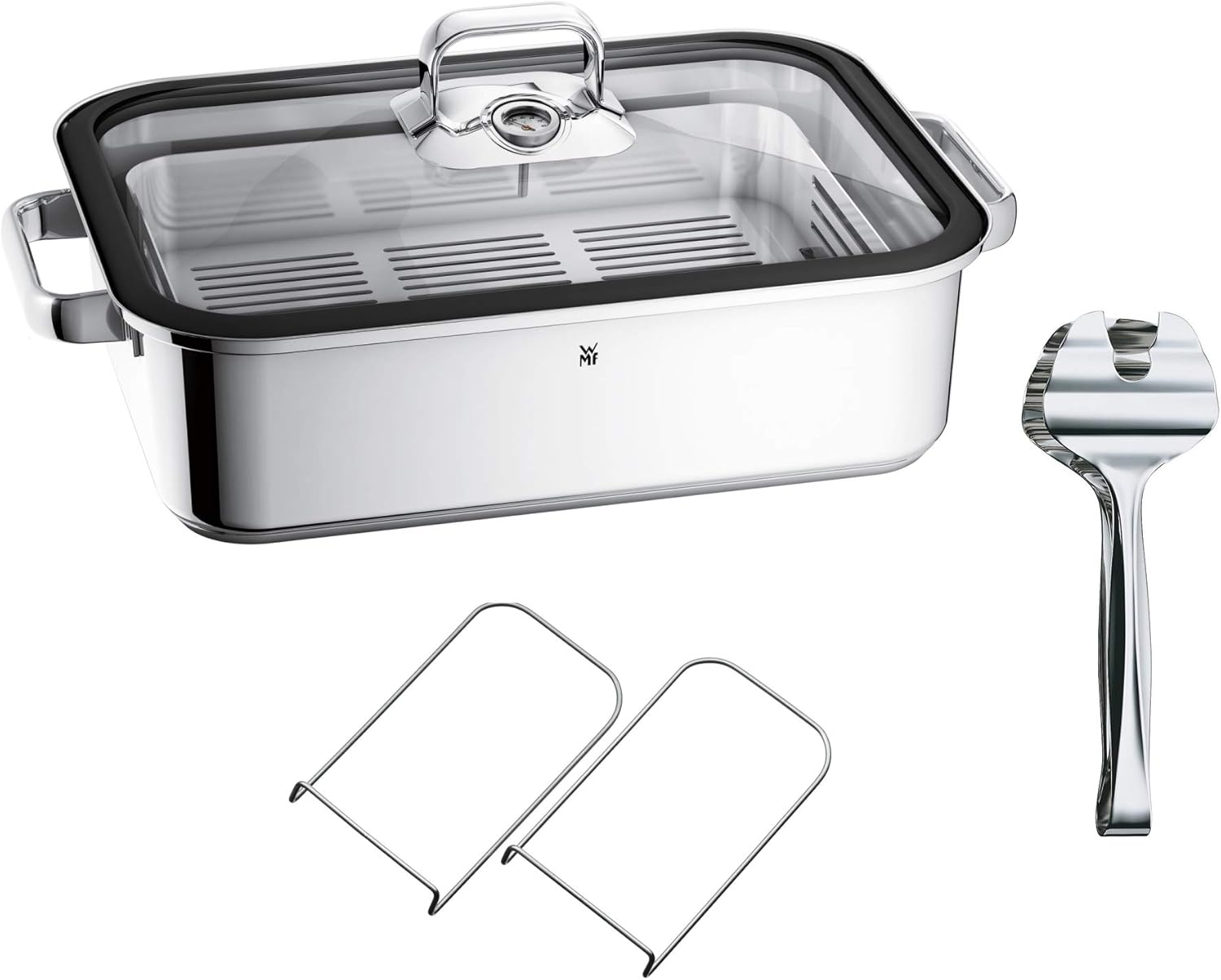 WMF Vitalis Aroma Dampfgarer, Bräter Induktion, 41x27x10cm, Auflaufform 6,5l, Servierzange, Glasdeckel Silikonrand, Thermometer, Garblech, Schmortopf Cromargan Edelstahl unbeschichtet