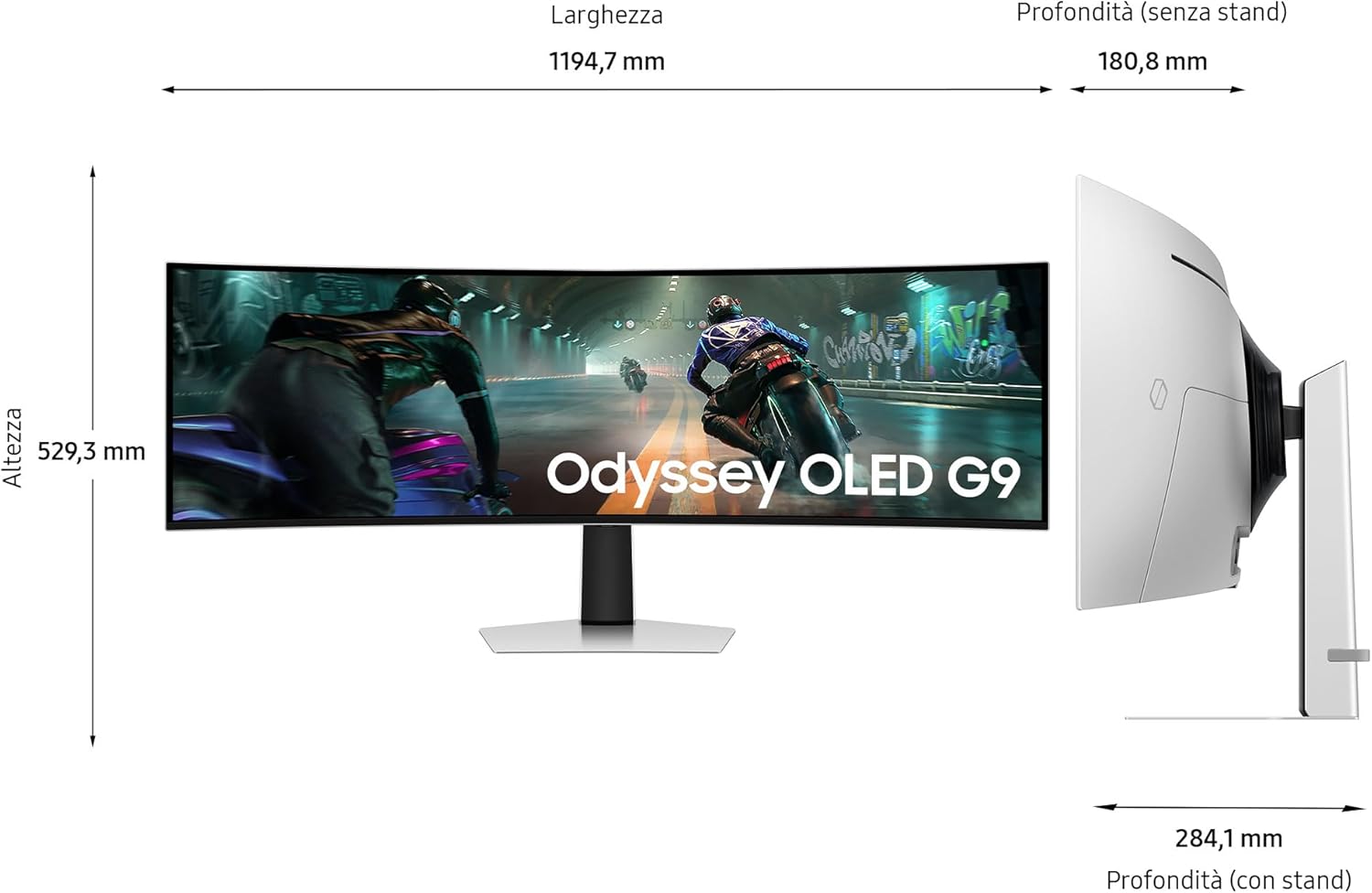 Samsung Monitor Gaming Odyssey OLED G9 (S49DG912), Curvo (1800R), 49'', 5120x1440 (DQHD), 32:9, HDR10+, QD-OLED, 144Hz, 0,03ms (GtG), Compatibiltà G-Sync, HDMI 2.1, Micro HDMI, DP, Ingresso Audio