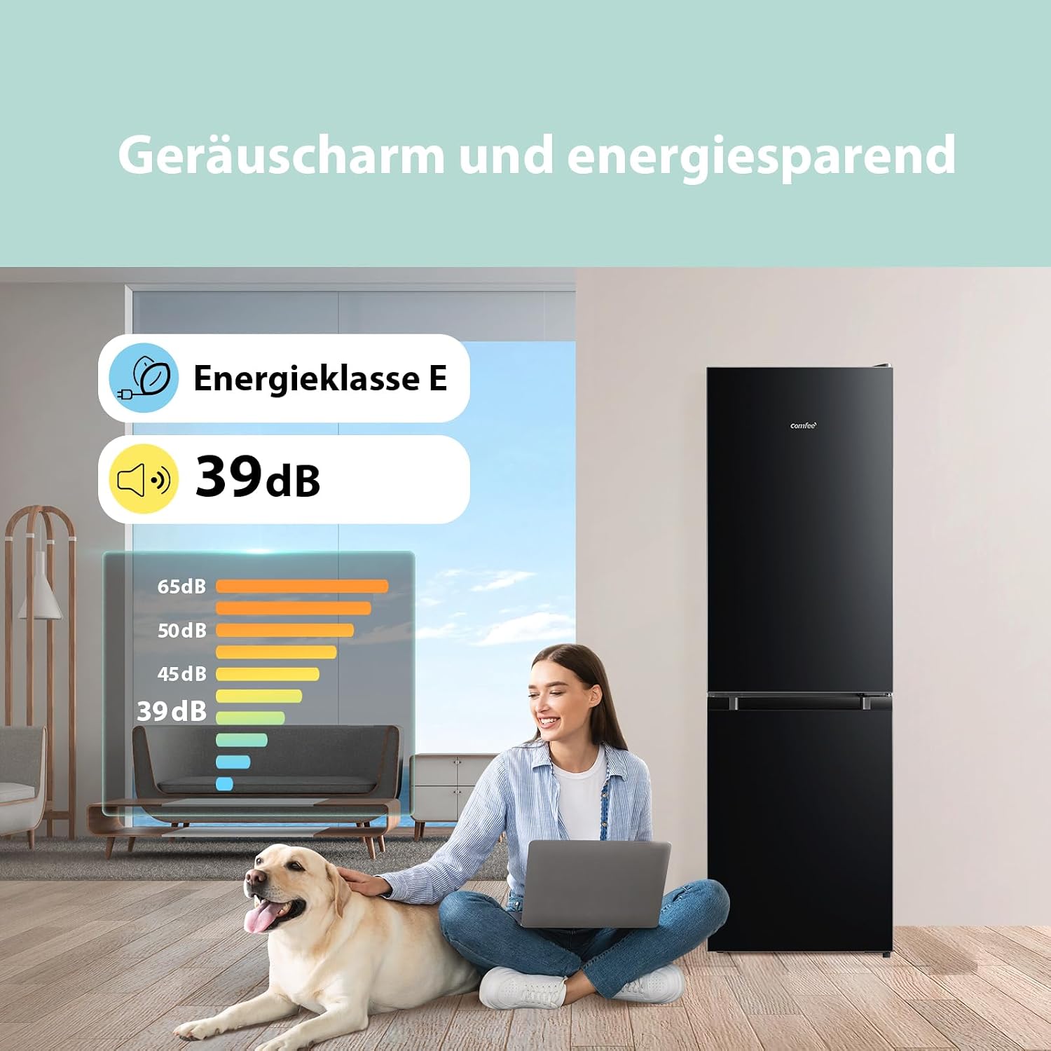 Comfee‘ Kühlschrank mit Gefrierfach RCB169DK2(E) | 174L Kühl-Gefrierkombination (115L Kühlteil + 59L Gefrierteil), 150 cm Höhe | 195 kWh/Jahr, Low Frost, Leise 39 dB | LED-Licht | Freistehend, Schwarz