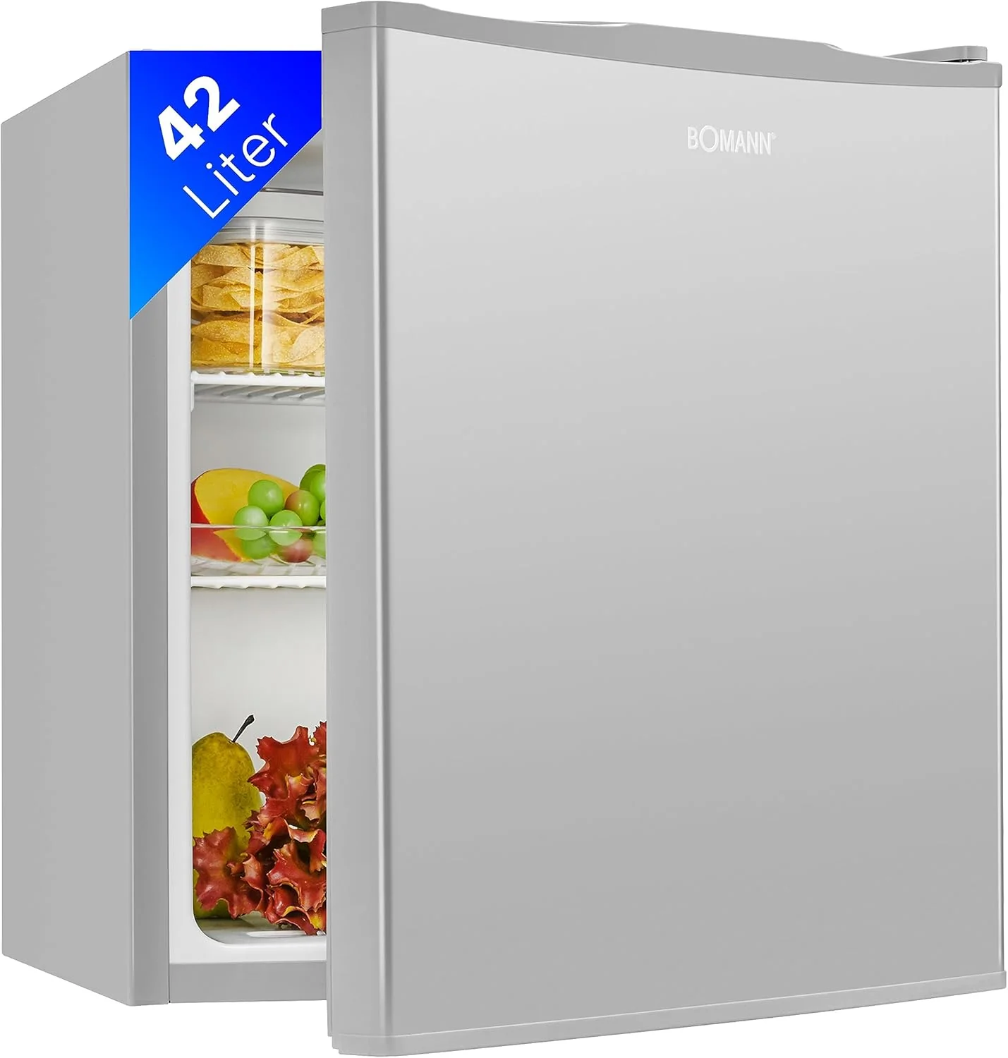 Bomann® minihűtő 42 literes | Kisméretű italhűtő irodába, kempingezéshez és gaminghez | Halk mini hűtőszekrény 39 dB | Minibár cserélhető ajtónyitási iránnyal | 51x45x45 cm | KB 7346 inox