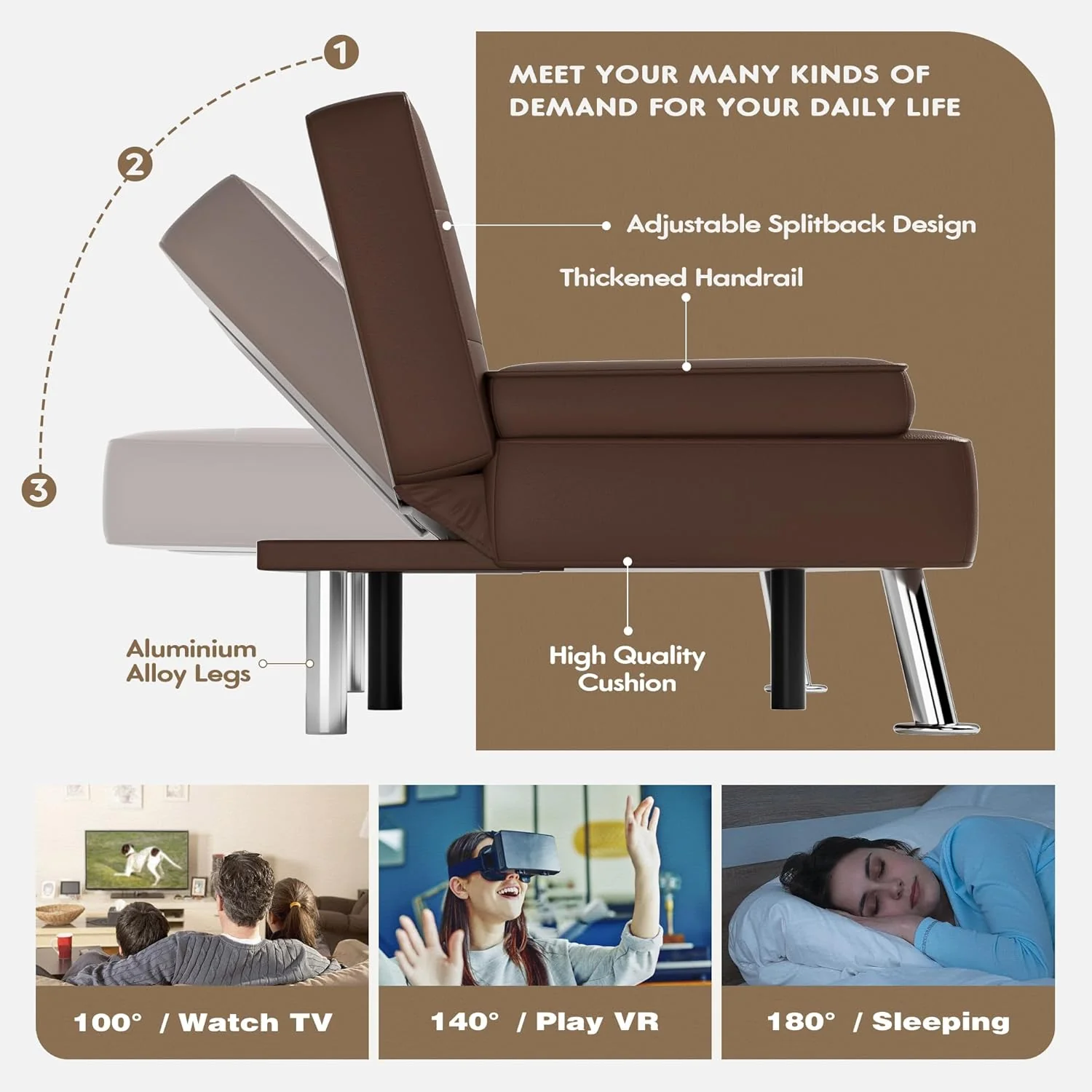 Homall Futon Sofa Bed Leather Futon Couch Removable Armrests Adjustable Recliner Sofa Bed