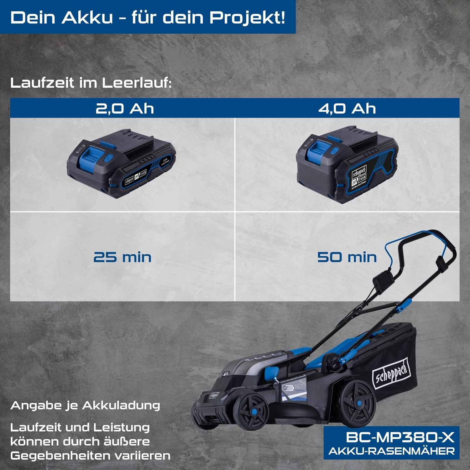 Scheppach Akku Rasenmäher BC-MP380-X 38cm Schnittbreite für 450-500m2 45L Korb Schnitthöhe 25-75mm Brushless 20V-IXES-Serie 10 Jahre Garantie 2x4Ah Akku  und  Fastcharge Doppelladegerät
