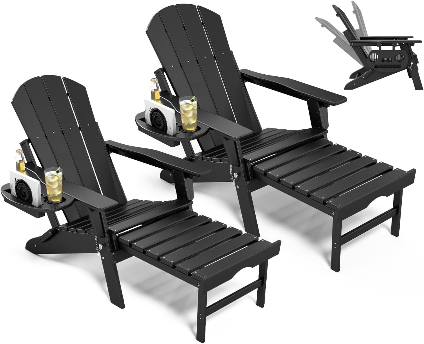 Adjustable Adirondack Chair with Retractable Ottoman Set of 2  HDPE Folding Adirondack Chair with Cup Holder  All Weather Fire Pit Chair for Outdoor.