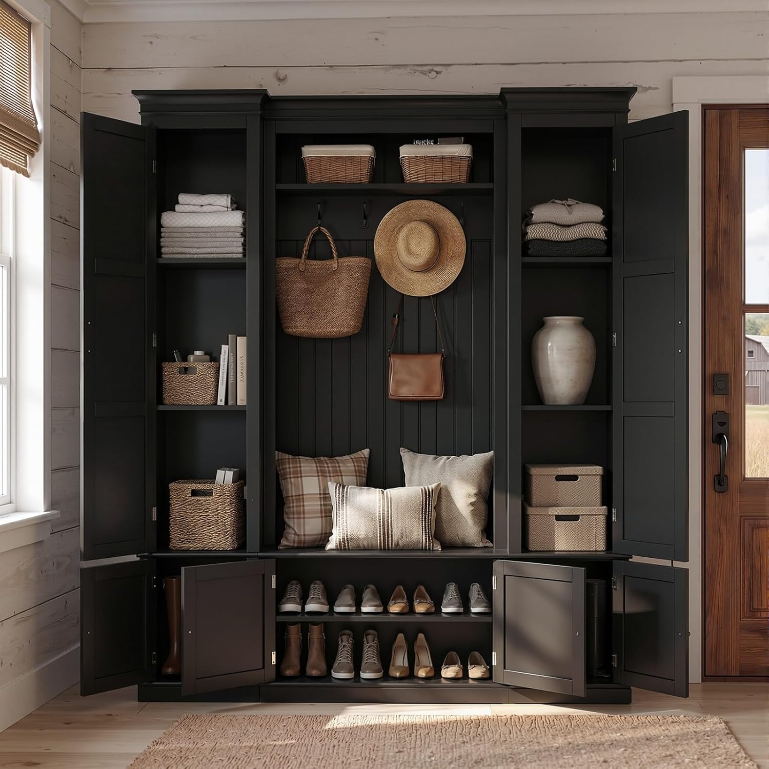 Large Hall Tree with Bench & Rattan Doors, 4-in-1 Entryway Coat Rack with Shoe Storage, 4 Hooks, Shelves, Mid-Century Shoe Bench for Hallway Mudroom, Black, 63.2”W x 15.7”D x 76.8”H