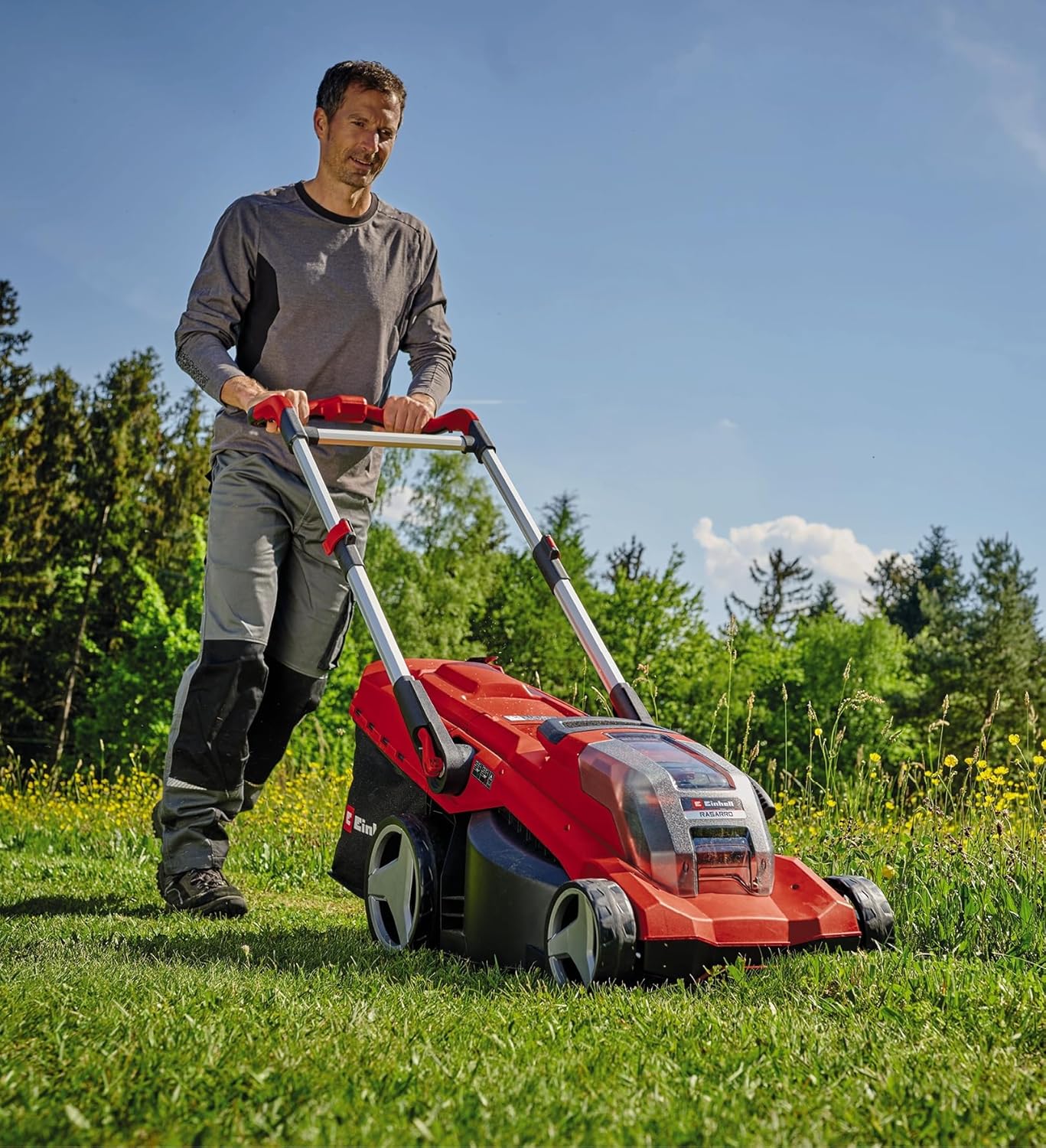 Einhell Akku-Rasenmäher RASARRO 36/42 Kit Power X-Change (36V, 42 cm Schnittbreite, bis 725 m², Brushless, 50L Fangkorb, Mulchfunktion, inkl. 2x 5,2Ah + 1x Twincharger)