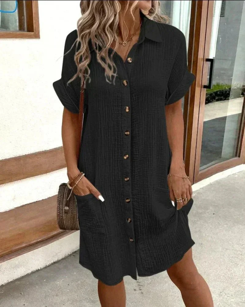 Womena??s Relaxed-Fit Shirt Dress Breathable Cotton-Linen with Pockets