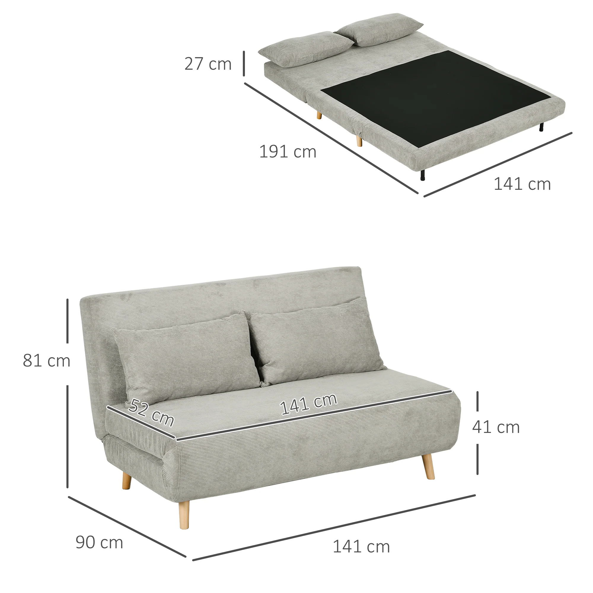 HOMCOM Slaapbank, Logeerbed, 3-standen Verstelbare Rugleuning, Linnenlook, tot 120 kg, 141 x 90 x 81 cm, Grijs