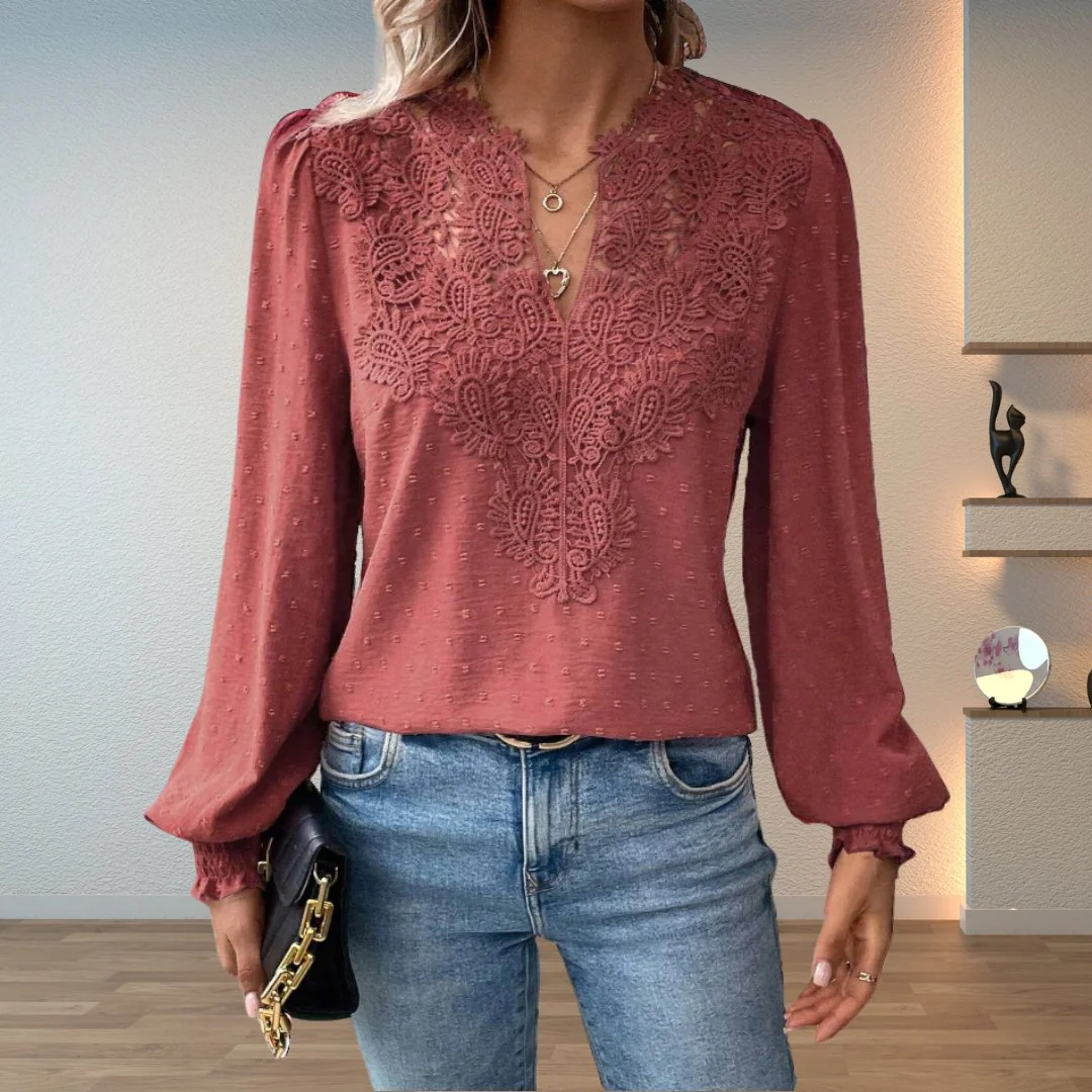 Women��s Lace-Bodice V-Neck Blouse with Smocked Cuffs and Long Sleeves