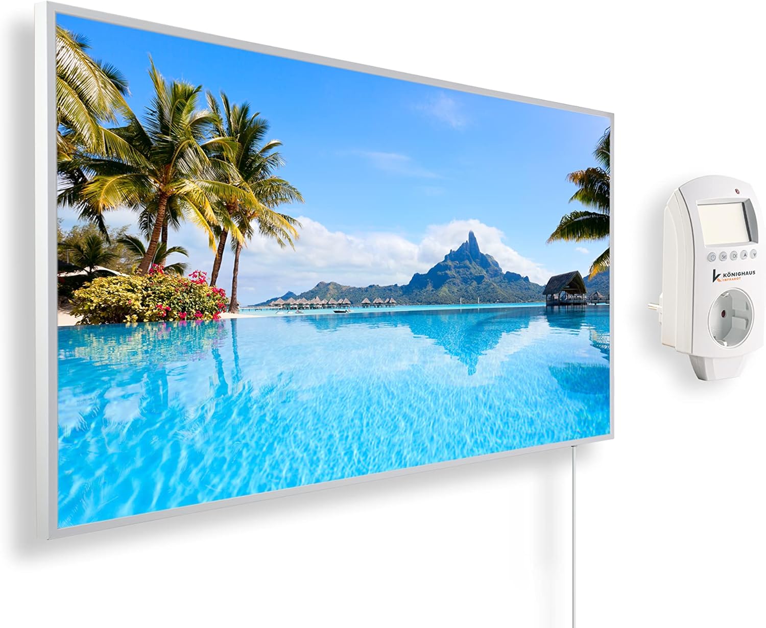 Riscaldatore a infrarossi Könighaus - 600 Watt + termostato smart e APP Könighaus - una stufetta elettrica a basso consumo - Cornice bianca (01. Isola di Bora Bora)