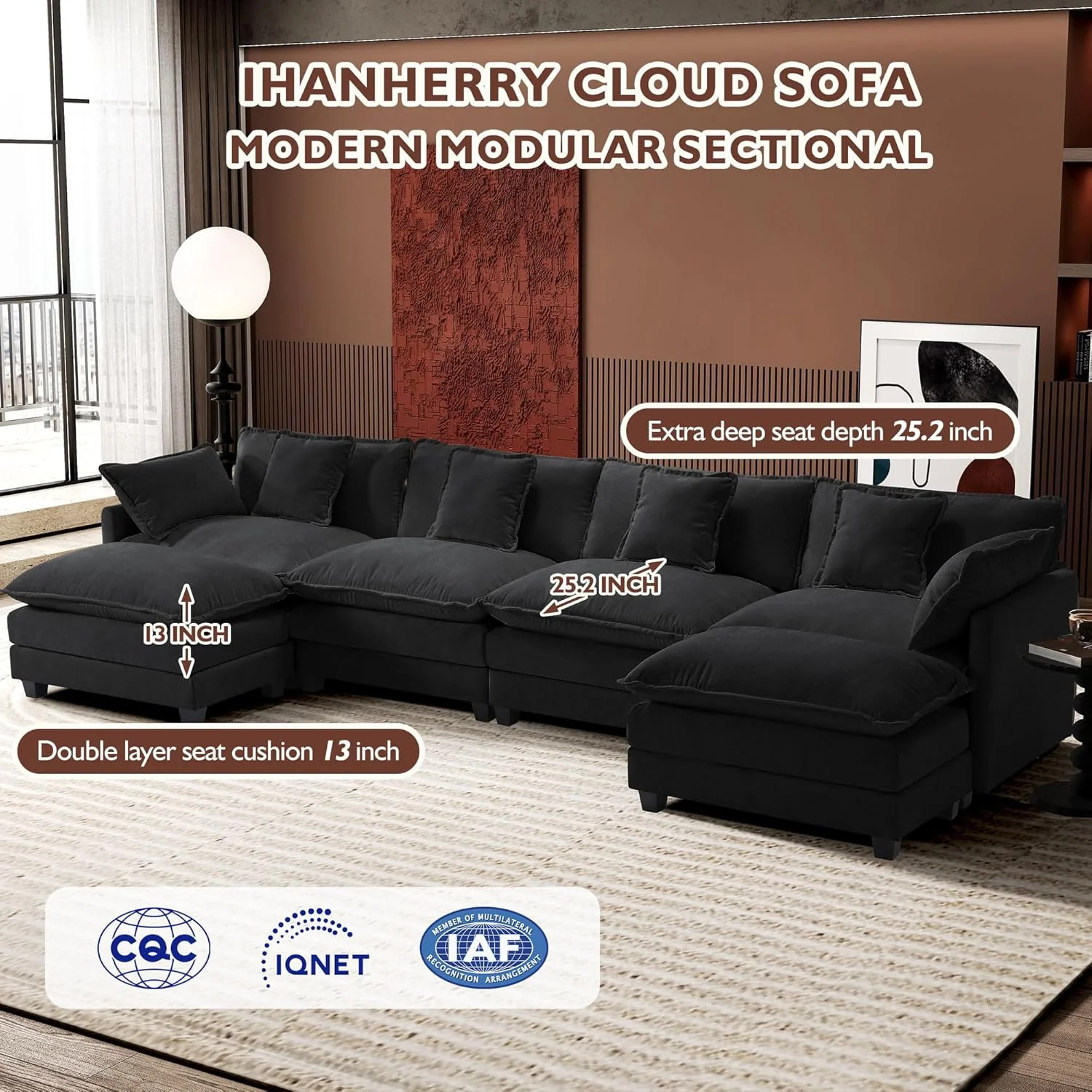 111.4 Inch L-Shaped Modern Sofa Modular Cloud Sofa Ottoman 4-Seater Chenille Deep Seat Sofa