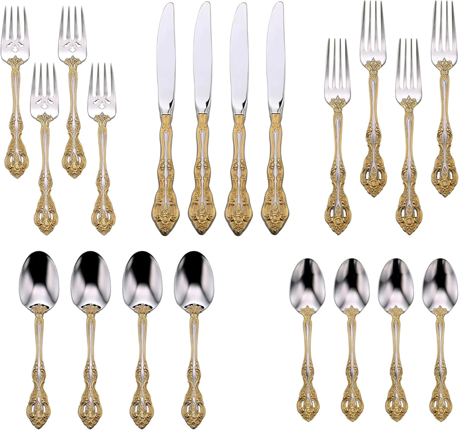 Oneida evőeszköz készlet, Golden Michelangelo 20 részes finom evőeszköz készlet, 4 személyes, 18/10 rozsdamentes acél, aranykarátos végekkel, kés, kanál és villa készletek, mosogatógépben mosható (arany/ezüst, 20 darab)