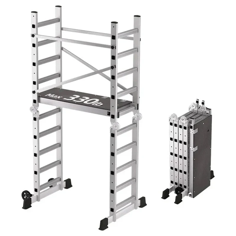 Foldable Scaffolding Ladder, Multipurpose Rolling Work Platform, Scaffold Tower, Ladder Stool Bench, Adjustable Platform, 330 Lbs Duty Rate