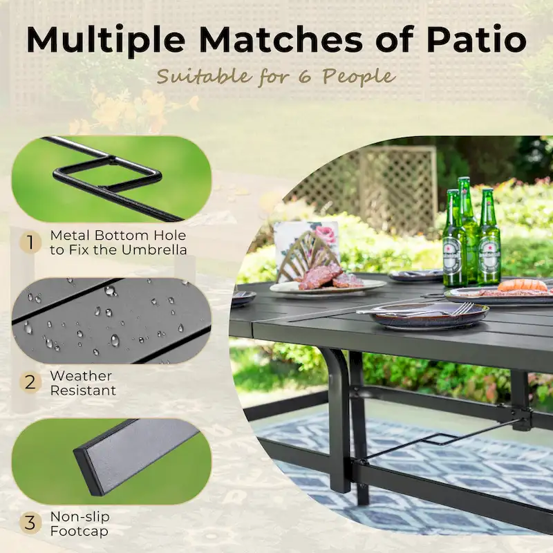 7/8-Piece Patio Dining Set including 60x38 Slatted Metal Table with 1.56 Umbrella Hole and 6 Spring Motion Chairs
