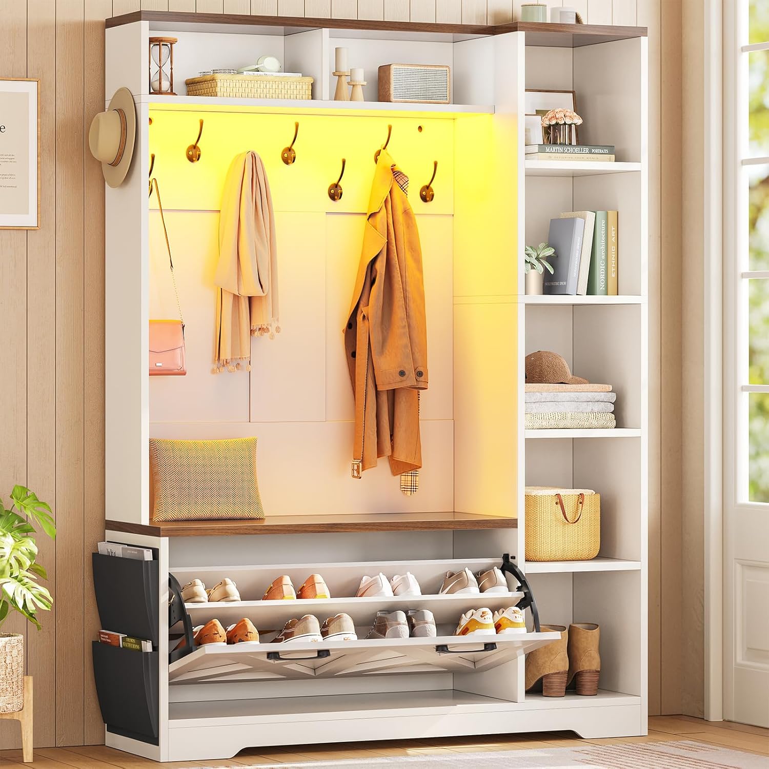 Itaar Hall Tree with Bench and Shoe Storage, Farmhouse Entryway Bench with Coat Rack, Shoe Cabinet with Flip Drawers, 7 Shelves, 10 Coat Hooks, Storage Bag, Led Lights, White