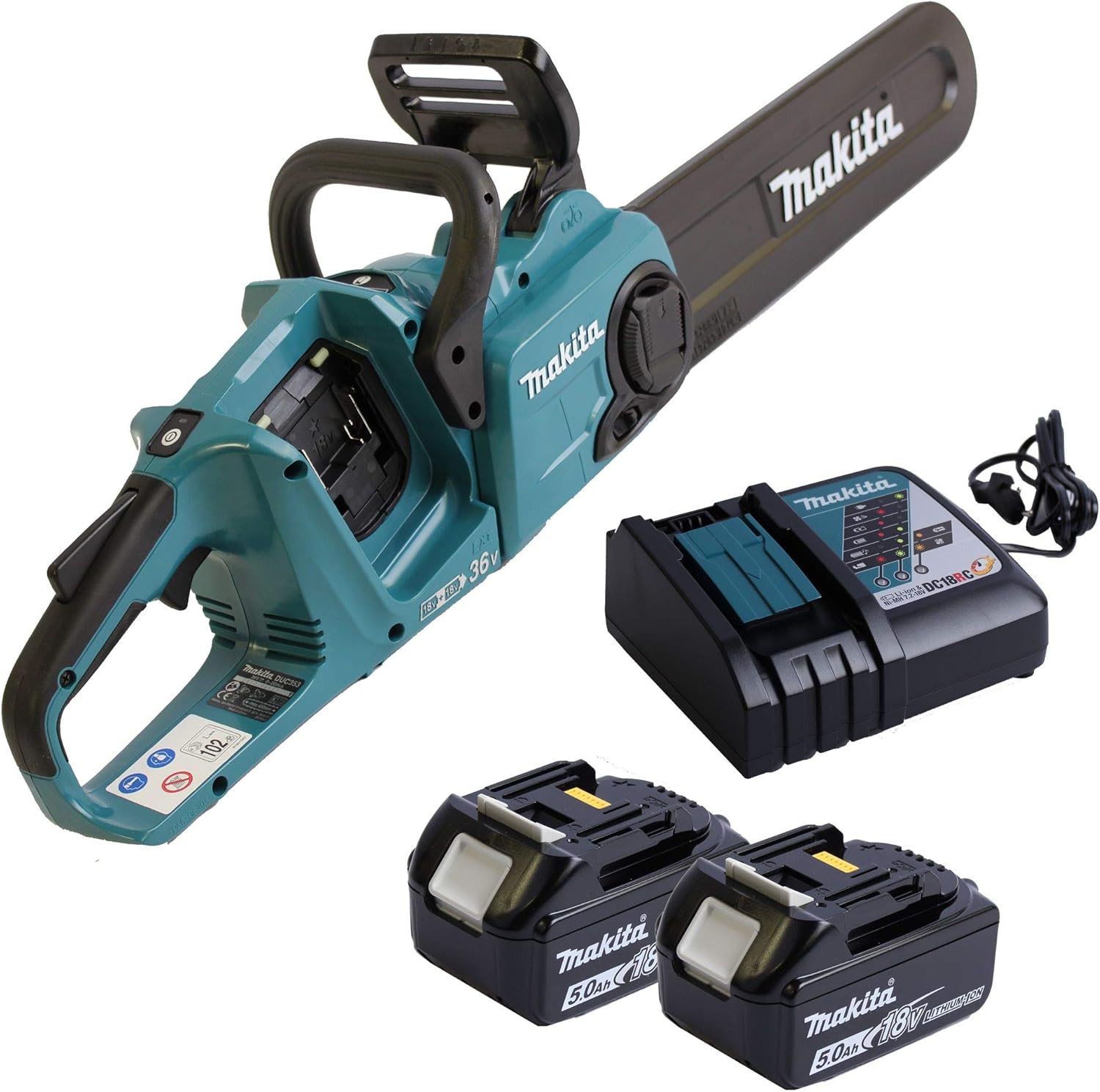 DUC353Z - Motosega a catena a doppia batteria, 2 batterie BL1850B agli ioni di litio 18 V 5 Ah, caricabatterie rapido DC18RC 7,2 V - 18 V
