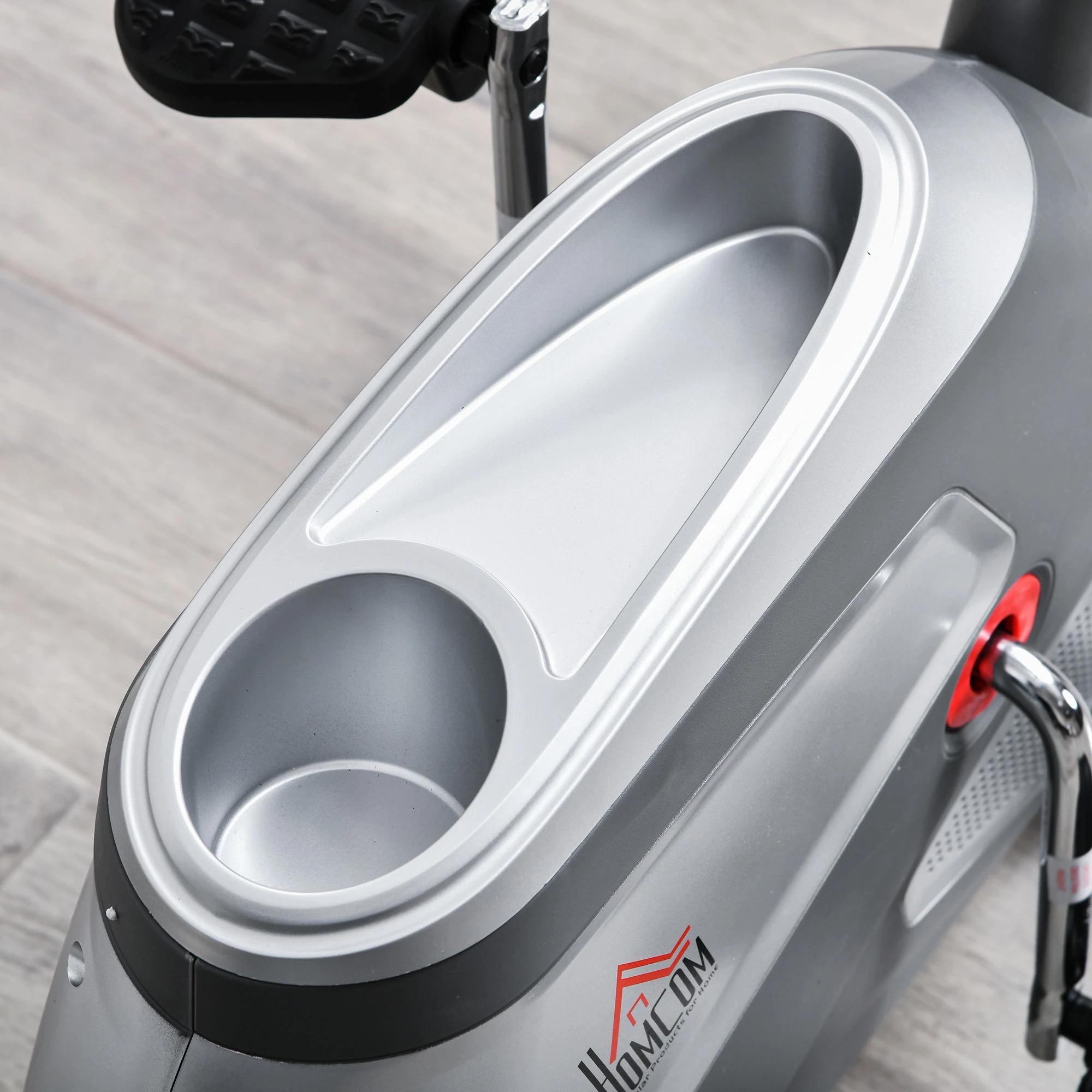 HOMCOM hometrainer fietstrainer vliegwiel hometrainer met 8 niveaus verstelbare magnetische weerstand verstelbare lengte magnetische weerstand wielen metaal ABS grijs + zilver 136 l x 62,5 b x 38 h cm