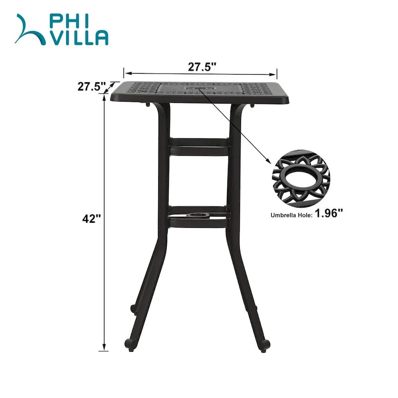 MAISON ARTS 3-Piece Cast Aluminum Patio Bar Stool Set of 1 Bar Table & 2 Swivel High Bar Stools