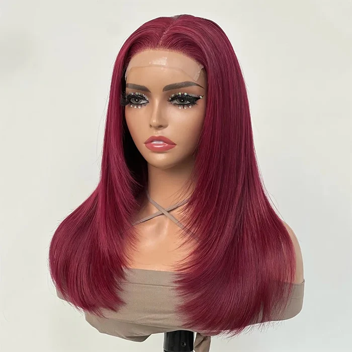 Layered Cut Burgundy 8X5 Pre Cut Lace Front Human Hair Wig 99J Wine Red Colored HD Lace Wig