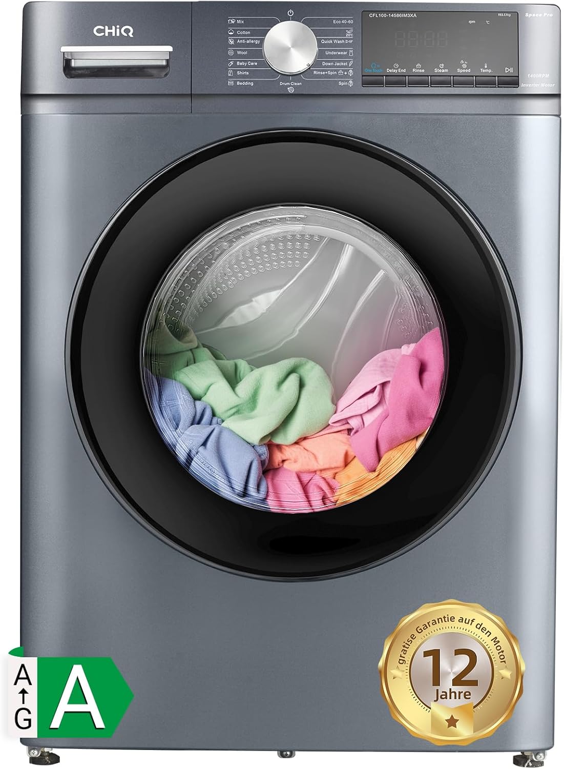 CHiQ Waschmaschine 10kg, Frontlader Washer, 1400 U/16 Waschprogramme/15 Min Schnellwasch, Timer-Funktion, Große Trommel, Inverter-Motor, Dampfwäsche, Grau, CFL100-14586IM3XA
