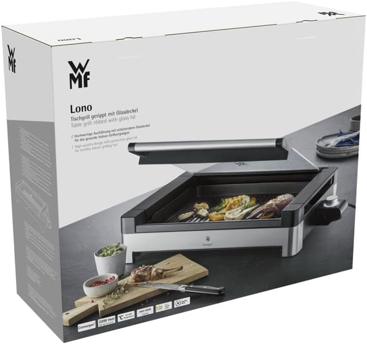 WMF Lono Tischgrill elektrisch mit Glasdeckel, beschichtete Grillplatte, herausnehmbare Auffangschale, spülmaschinenfest, Edelstahl matt, 2200 Watt