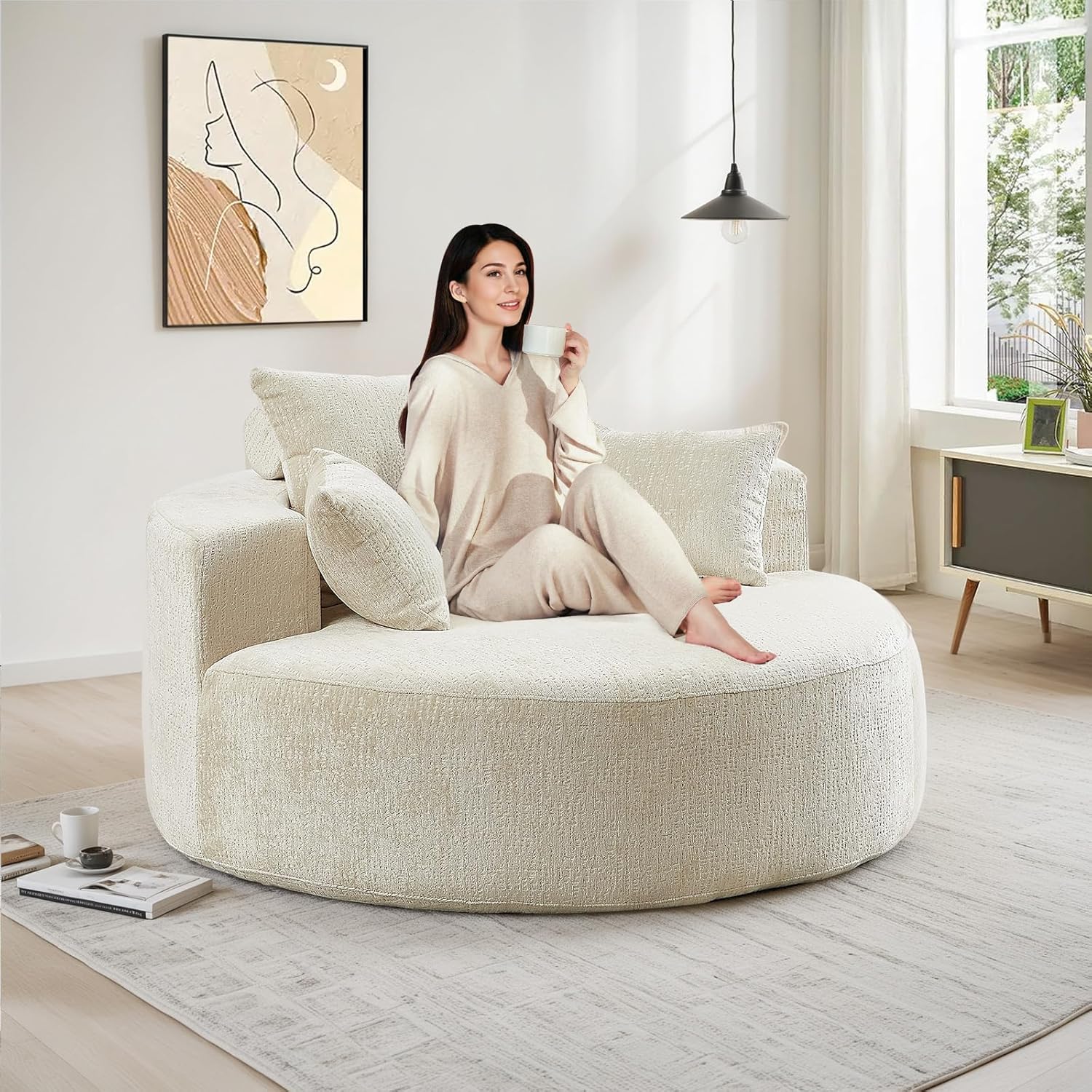 Oversized Round Chaise Longue Chair Indoor, Modern 55-inch Upholstered Chenille Deep Seat Circle Single Cloud Lounge Floor Sofa Chair for Living Room, Bedroom Apartment, Beige