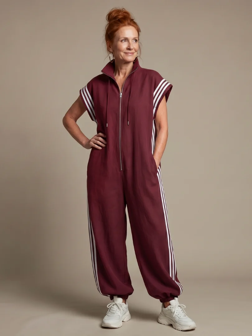Women��s Zip Front Jumpsuit with Stripe Panel Detail
