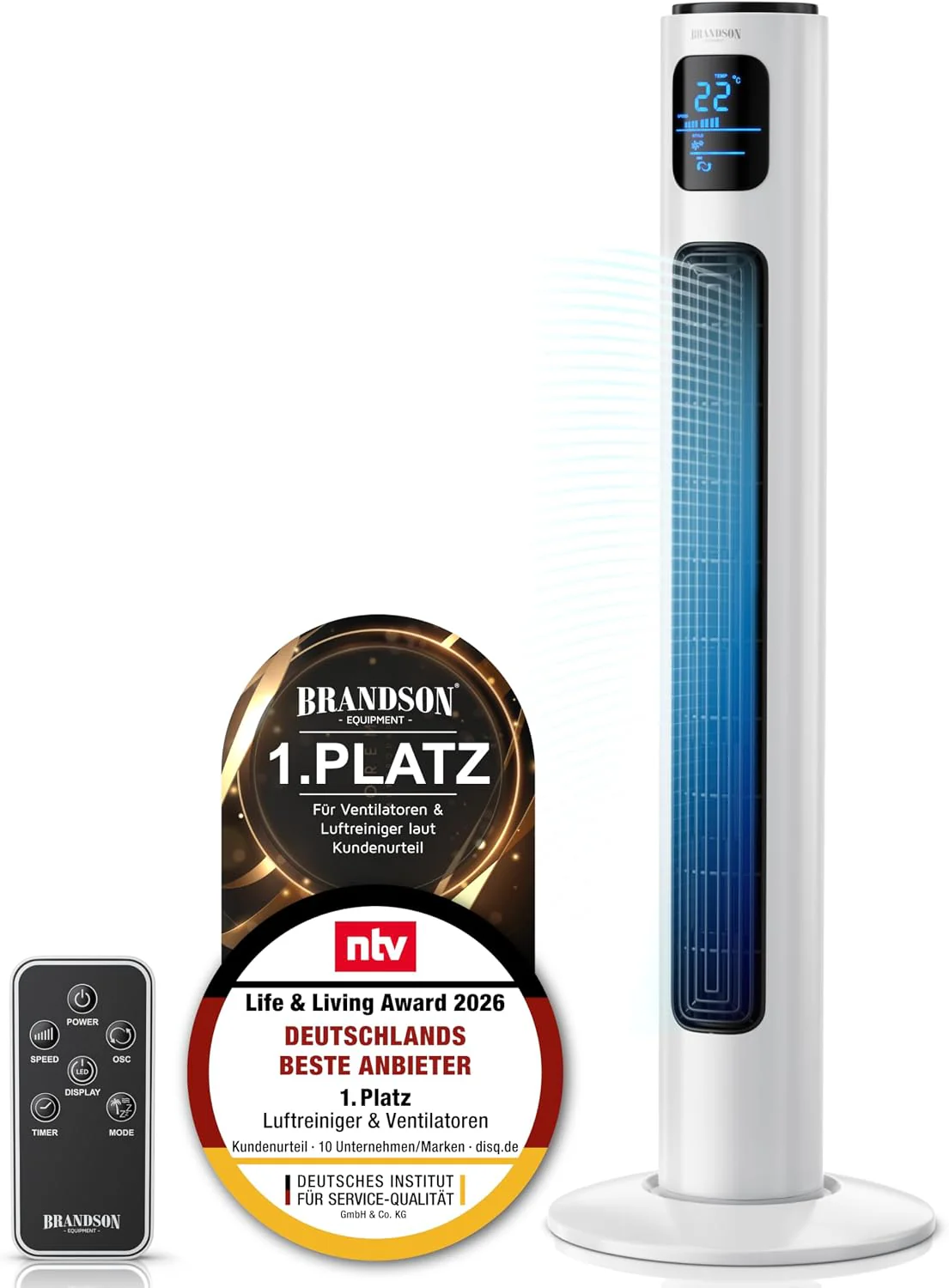 Brandson – Oszlopventilátor távirányítóval, 96 cm – 2026-os díjnyertes termék – Csendes, mobil ventilátor – Oszcilláló állóventilátor – 3 sebességfokozat, 3 üzemmód – Időzítő – Ventilátor – GS – Gyöngyházfehér