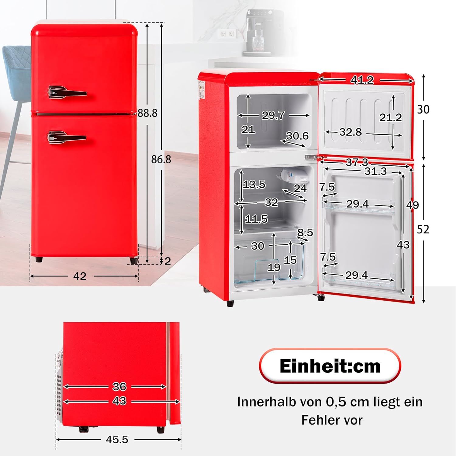 Merax Kühlschrank mit Gefrierfach, Kühl-Gefrierkombination, klein Kühlschrank mit 51L und Gefrierschrank 21L, Leise, LED, Glasablagen, Gemüsefach, Türablagen, für Küche, Wohnzimmer, Büro, Schwarz