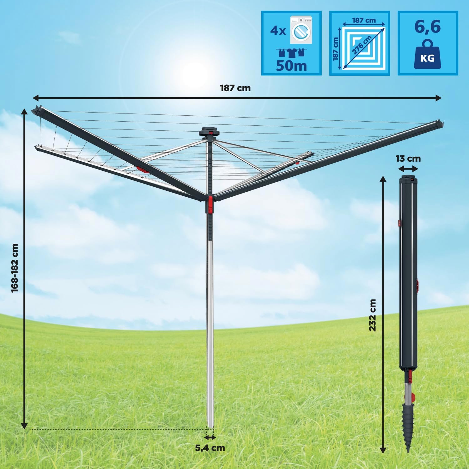 Vileda Sun-Rise Premium Wäschespinne -50m Leinenlänge|Kompakte & stabile Wäschespinne für Garten & Terrasse|Patentiertes Spannsystem, wetterfest & platzsparend, Höhe 1,67–1,82m | Eco-Verpackung