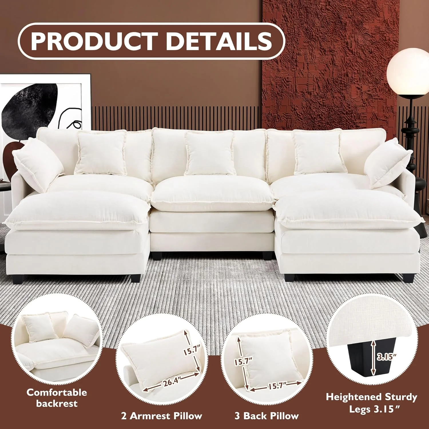 111.4 Inch L-Shaped Modern Sofa Modular Cloud Sofa Ottoman 4-Seater Chenille Deep Seat Sofa