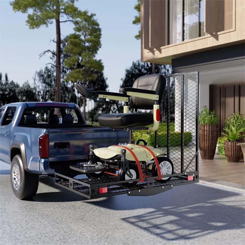 500 LBS Hitch Mount Cargo Carrier with Foldable Ramp, Heavy-Duty Mobility Scooter Wheelchair Carrier for SUV Cars with Stabilizer & 2 Tie-Down Straps