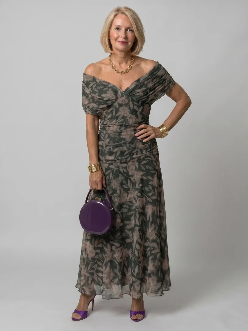 Women��s Off Shoulder Midi Dress Draped Neckline Design