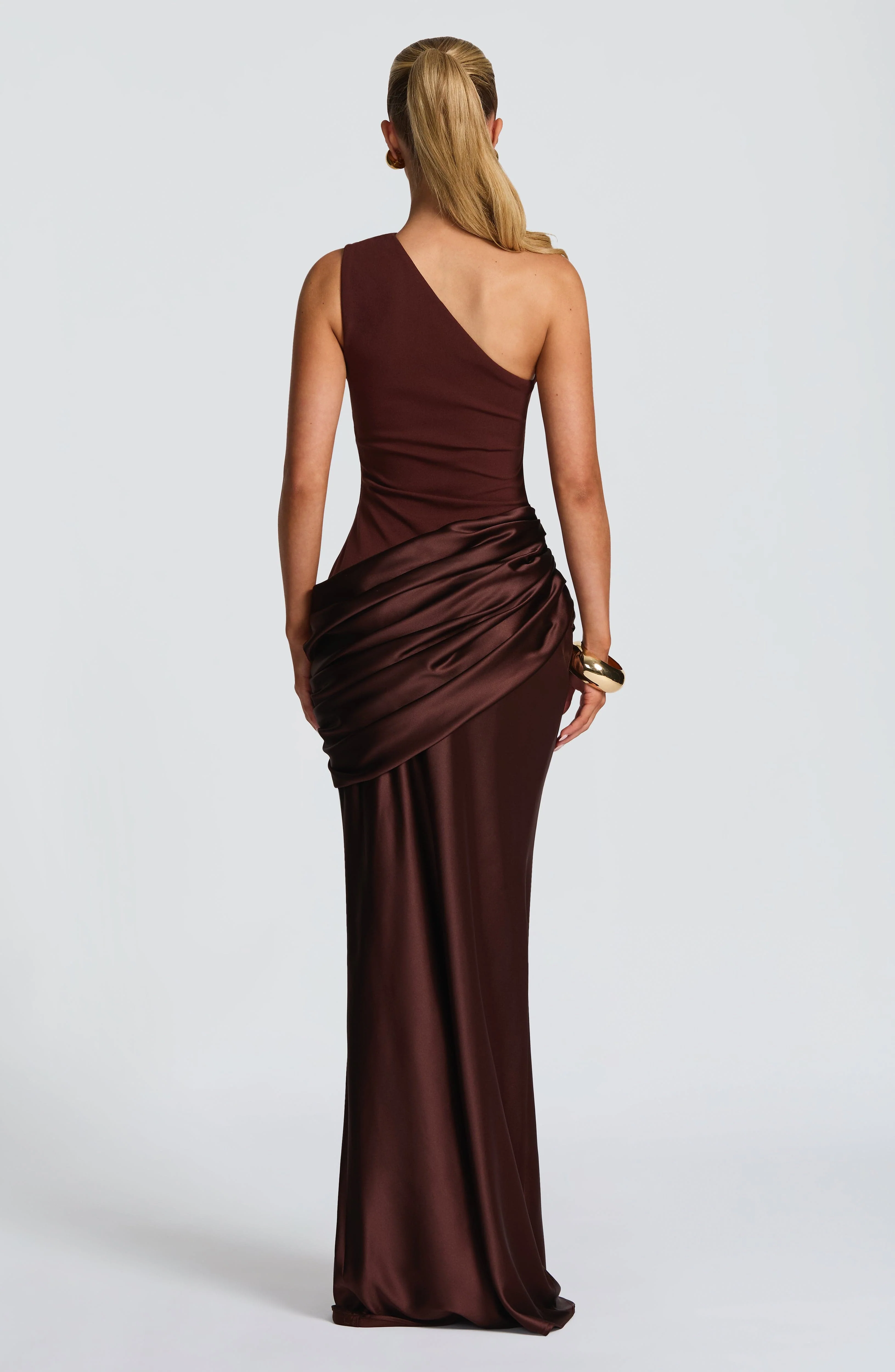 Women��s One Shoulder Satin Maxi Dress Elegant Ruched Design