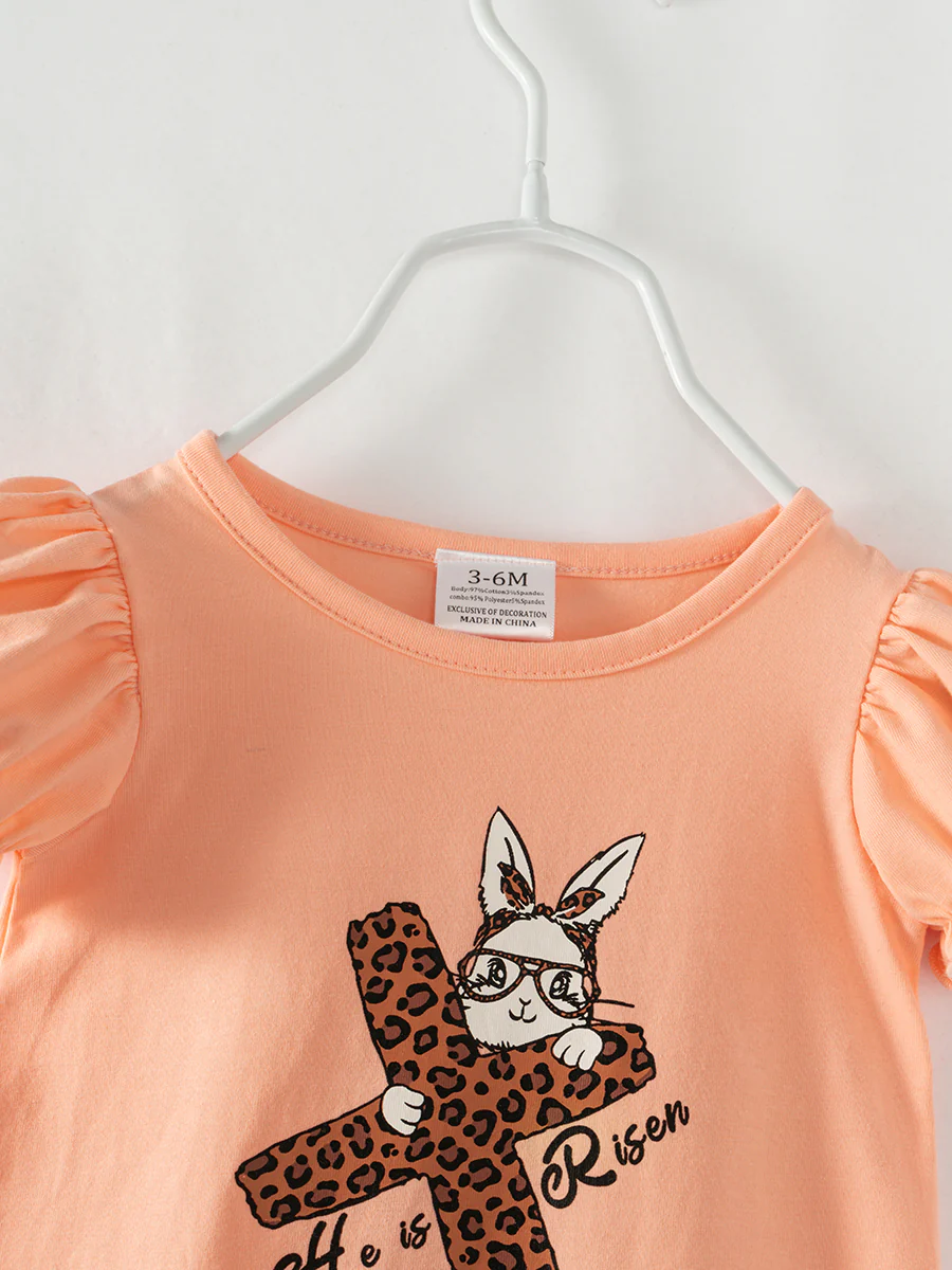 Easter Brown Leopard Cross Bunny Ruffle Baby Girl Romper