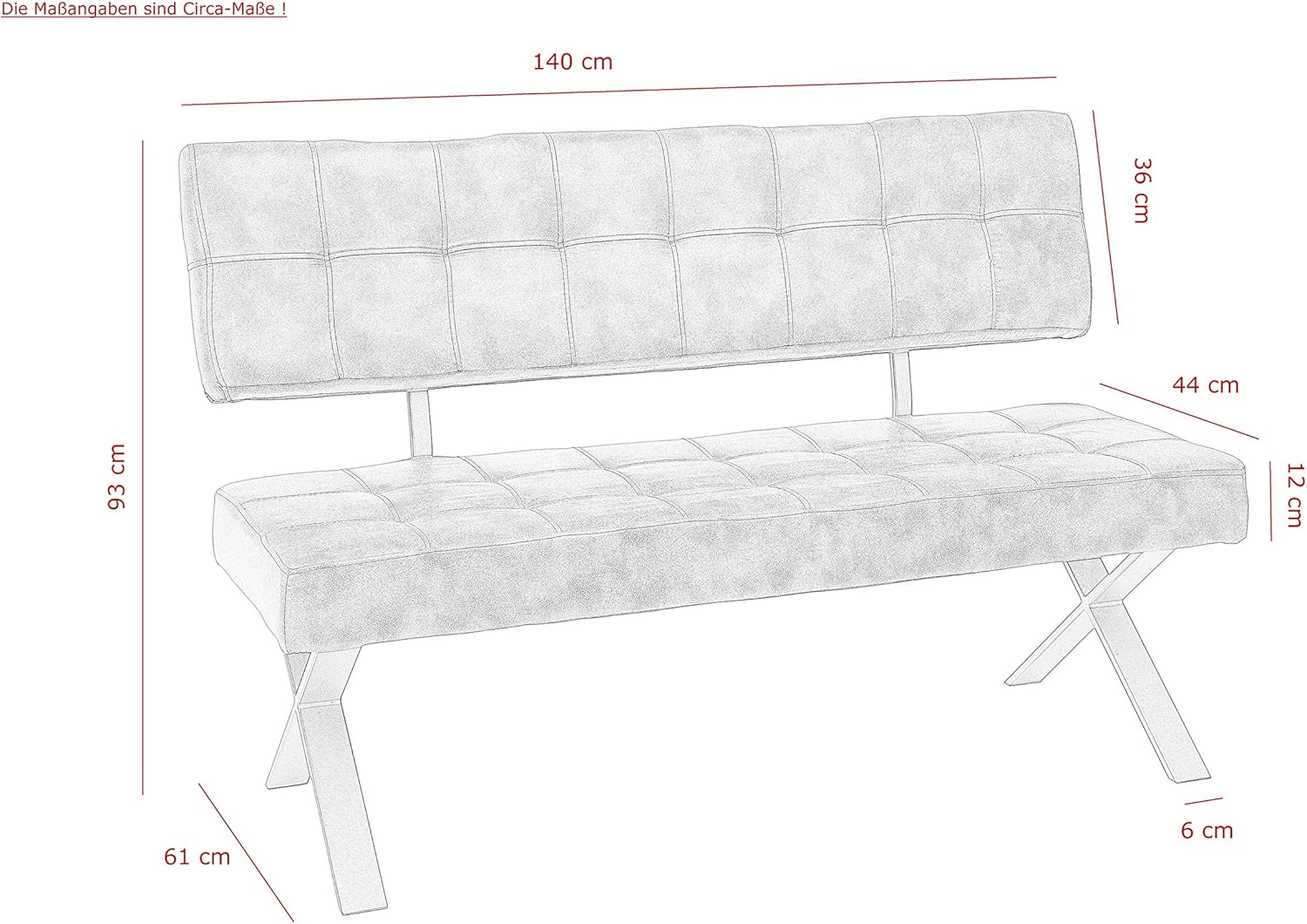 Hela Tische, Sitzbank Esszimmerbank Donna, mit Lehne, Bezug Softex Vintageoptik Braun, X-Metallgestell Anthrazit, 140x61x93 cm