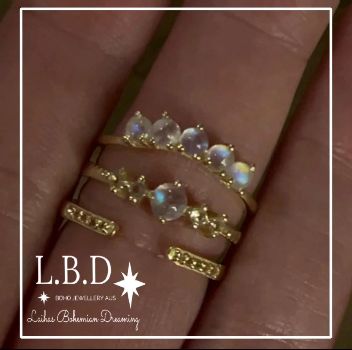 Petite Sparkle Gold Moonstone and Topaz Ring Set