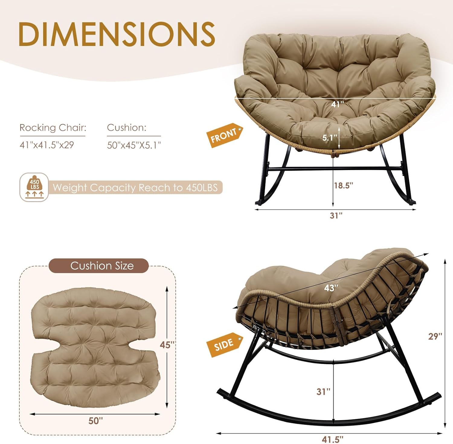 NICESOUL 2-Piece Outdoor Patio Papasan Rocking Chair  Cozy Oversized Wicker Gliding Lounge Chairs for Balcony  Patio or Porch  Wide & Large Double Royal Rocker with Comfy Padded Cushion  Brown/Tan