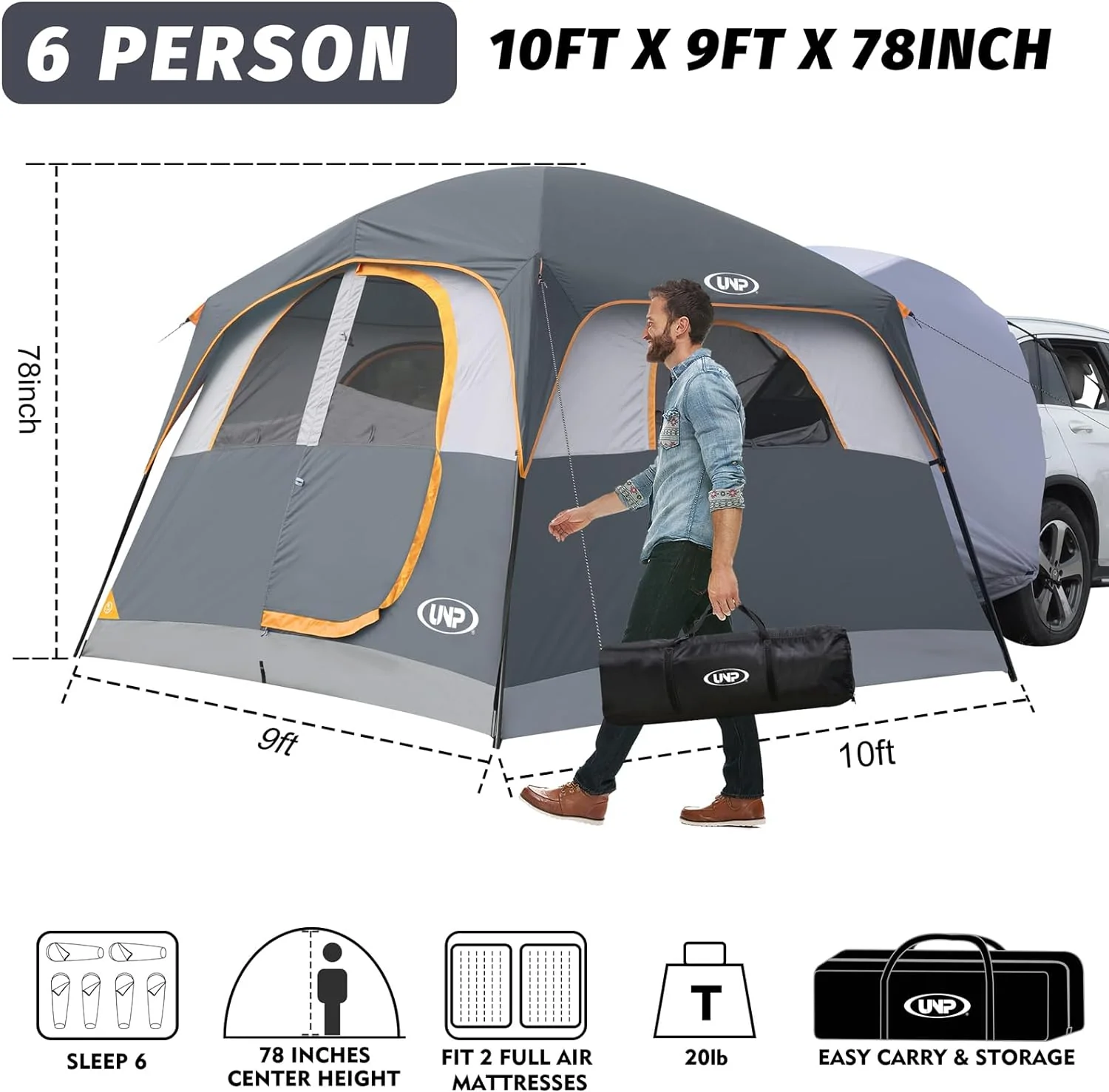 SUV Tent for Camping, 6-Person SUV Tailgate Tent - Easy Set Up with Rainfly, 10'x9'x78in(H)