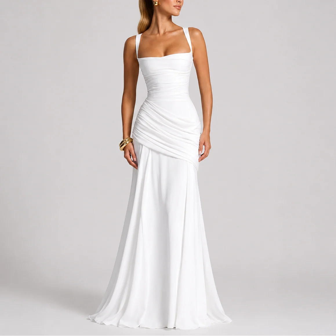 Women��s Maxi Evening Dress with Ruched Waist and Square Neckline