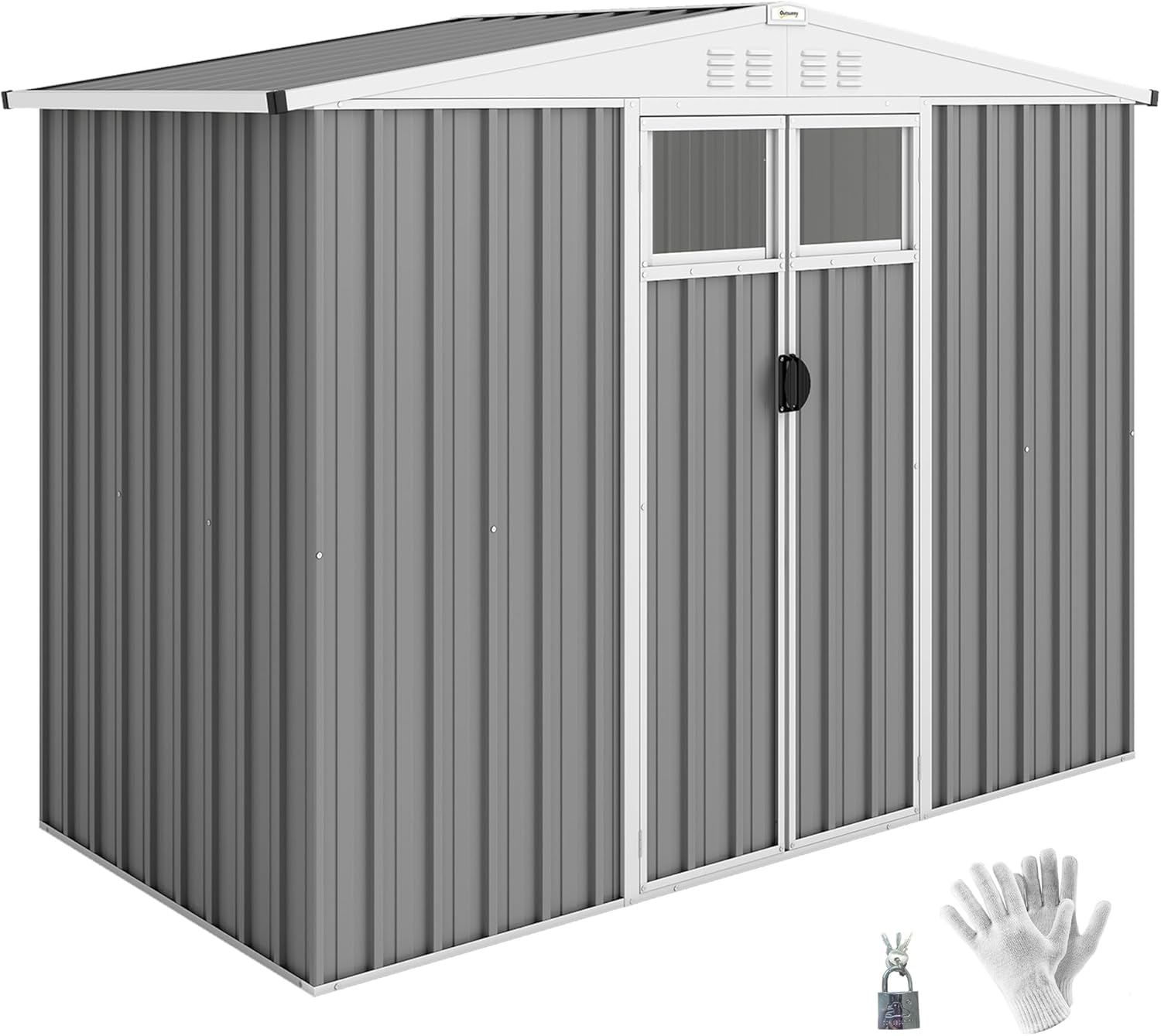 Outsunny Casetta da Giardino 2.7m² in Acciaio Zincato con 4 Prese d'Aria e 2 Finestre Trasparenti, Capanno Porta Attrezzi con Tetto Inclinato, Doppio Porte Bloccabili con Chiavi e Guanti Grigio Chiaro
