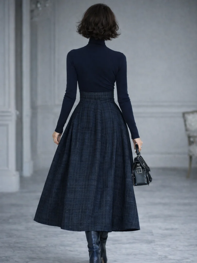 Women��s Knit Top and Plaid Maxi Skirt Set with Belted Waist