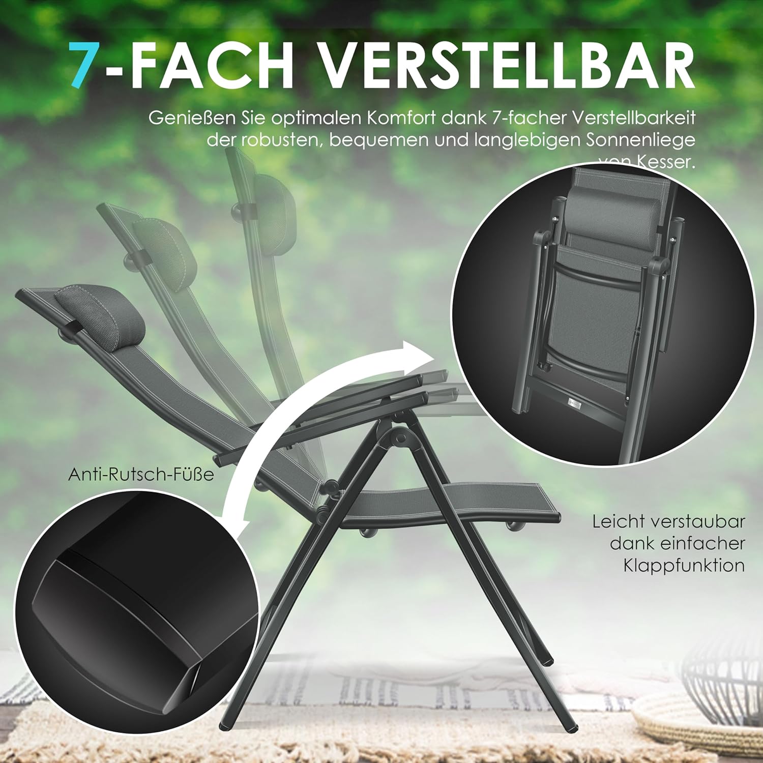 KESSER® Gartenstuhl Hochlehner mit Armlehnen 6er Set Aluminium Klappstuhl mit Kopfkissen & Abdeckung Campingstuhl 7-Fach Verstellbar Rückenlehne Atmungsaktiv Wetterfest Klappbar Anti-Rutsch, Anthrazit