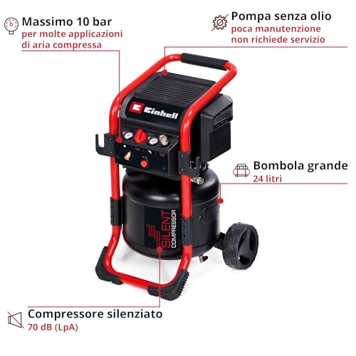 Einhell Compressore TE AC 240/24 Silent (1500 W, max. 10 bar, serbatoio da 24 l, potenza di aspirazione 240 l/min, compressore silenziato da 70 dB, 2 manometri, riduttore di pressione) : Amazon.it: Fai da te