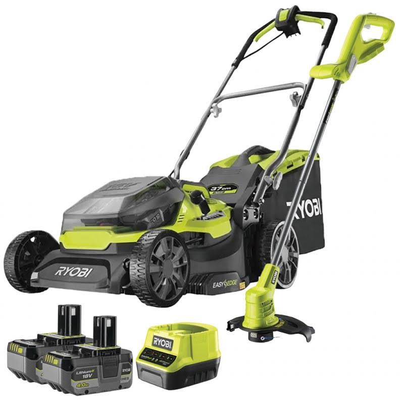 Pack Jardin Ryobi Tondeuse hybride 18V Ry18lmh37a + Coupe-bordure à batterie Olt1825m 18V + 2 batt 18V one+ 4,0Ah