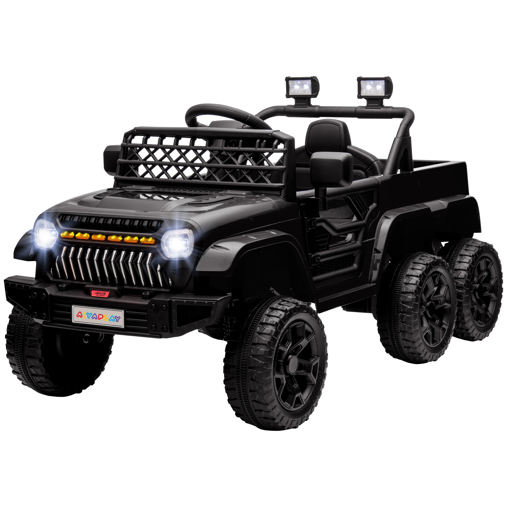 AIYAPLAY 12V Elektrisch Kindervoertuig met Aanhangwagen, LED-verlichting, Muziek en Claxon, voor Kinderen van 3-8 Jaar, Zwart