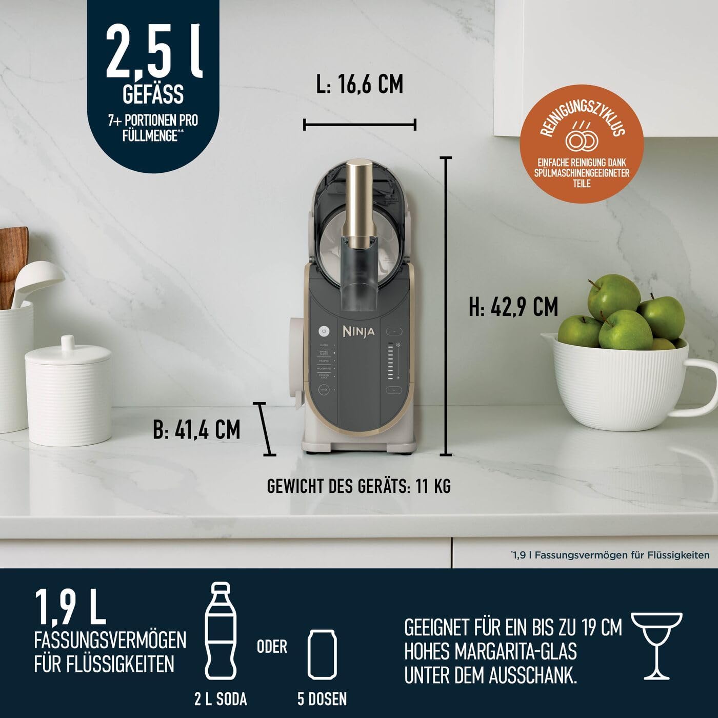 Ninja SLUSHi Maschine für Slush, Eis-Cocktails, Frappé, Milchshakes & gefrorenen Saft, ohne Eis oder Vorbereitungsaufwand, WhisperChill-Technology, fasst 1,9 L, Stone Gold, FS301EUSTGD