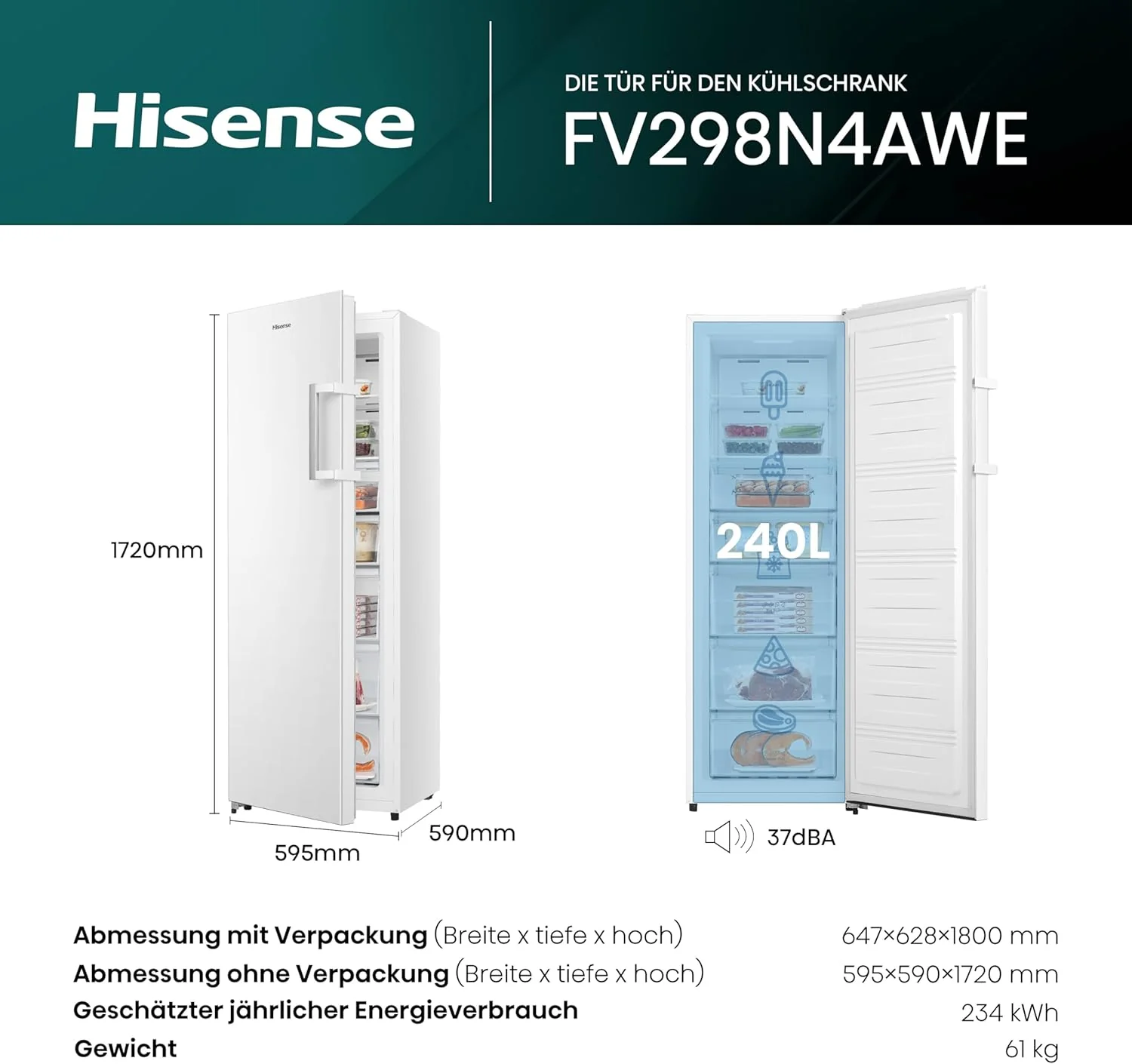 Hisense FV191N4AW2 Congelatore verticale/ Total No Frost/ Super Freeze/ Allarme porta/ Multiflow 360°/ BigBox/ 143,4 cm/ Congelatore 147 l/ 41 dB/ 205 kWh/Bianco