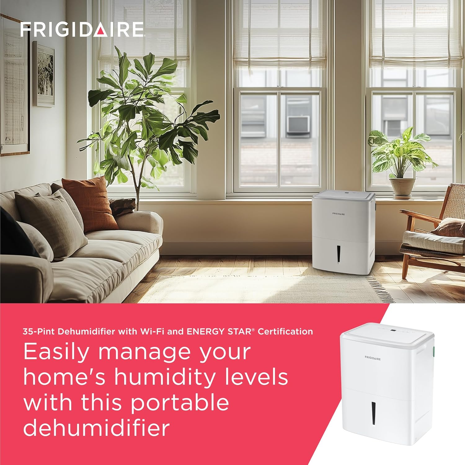 Frigidaire 35-Pint Portable Dehumidifier with Wi-Fi and Energy Star Certification for Small/Medium/Large Rooms & Basements, Custom Humidity Control, Auto Shut Off, White