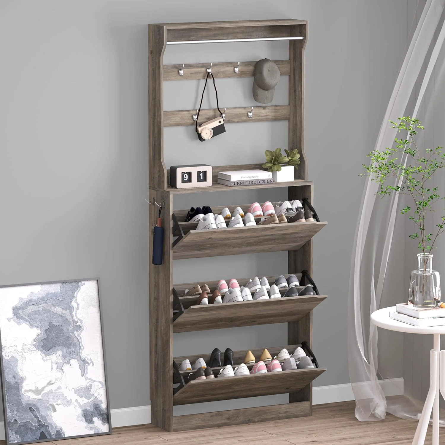 Shoe Cabinet with 3 Flip Drawers, Hidden Wood Shoe Cabinet,Freestanding Shoe Storage Cabinet