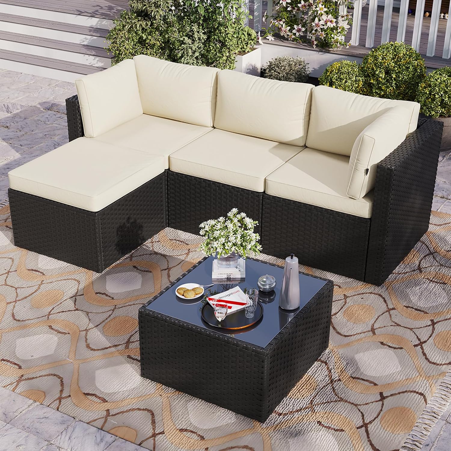 Aoxun Patio Furniture Set 5-Piece, Outdoor Sectional Sofas with Washable Cushion, Wicker Rattan Patio Conversation Sets for Backyard Porch and Poolside